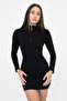 Women's Black Zippered Camisole Super Mini Knitted Dress - 4