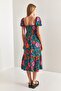 Women's Green Fuchsia Square Collar Gipeli Multi Patterned Flared Dress 40851014 - 2