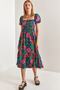Women's Green Fuchsia Square Collar Gipeli Multi Patterned Flared Dress 40851014 - 4