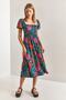 Women's Green Fuchsia Square Collar Gipeli Multi Patterned Flared Dress 40851014 - 5