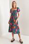 Women's Green Fuchsia Square Collar Gipeli Multi Patterned Flared Dress 40851014 - 6