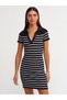 90146 Polo Neck Striped Short Sleeve Knitwear Dress-black-ecru
