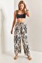 Women's Black and White Multi Patterned Linen Trousers with Elastic Waist 40851025 - 2