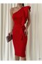 Scuba Fabric Red Midi Length Evening Dress and Graduation Dress with Floor Detail from the Shoulder 582478 730 - 2