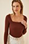 Women's Dark Brown Square Collar Ribbed Knitted Blouse GT00052 - 2