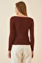 Women's Dark Brown Square Collar Ribbed Knitted Blouse GT00052 - 3