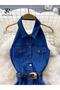 Women's Back Low-cut Collar Belted Denim Dress - 6
