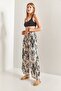 Women's Black and White Multi Patterned Linen Trousers with Elastic Waist 40851025 - 4
