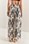 Women's Black and White Multi Patterned Linen Trousers with Elastic Waist 40851025 - 5