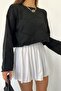 Women's Black Square Patterned Spanish Sleeve Crew Neck Knitwear Blouse - 2
