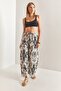 Women's Black and White Multi Patterned Linen Trousers with Elastic Waist 40851025 - 3
