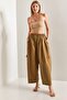 Women's Camel Oversize Parachute Fabric Trousers with Elastic Waist and Cargo Pockets 50011033 - 4