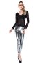 Women's Black V-Neck Lace Tulle Blouse BDE2472 - 2