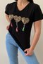 Women's Black V-Neck Heart Sequin Sequin Embroidered Tasseled 100% Cotton T-Shirt - 5