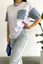 Women's White T-shirt with Denim Detail on Sleeves and Pocket, Embroidered, 100% Cotton - 4