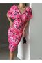 Women's Belted Half Sleeve Skuba Fabric Double Breasted Collar Evening Dress Night Graduation Dress Pink Patterned - 5