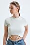 Women's Beige Crew Neck Short Sleeve Chain Detailed Crop Blouse