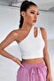Kadın Beyaz Tek Omuz Cut Out Detaylı Şık Crop Top Bluz - 4