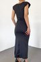 Lycra Flexible Diving Fabric Midi Length Double Breasted Collar Shoulder Padded Slit Detailed Black Evening Dress 5031 - 3