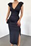 Lycra Flexible Diving Fabric Midi Length Double Breasted Collar Shoulder Padded Slit Detailed Black Evening Dress 5031 - 6