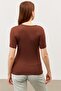 Women's Bitter Brown Crew Neck Short Sleeve Blouse - 3