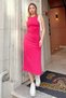 Halter Neck Midi Length Side Slit Pencil Fuchsia Dress - 4