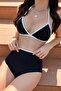 Kadın Siyah Beyaz Kaşkorse Yüksek Bel Bikini Takımı