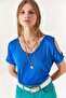 Women's Cobalt Blue V-neck Shoulder Low-cut Knitted Viscose Blouse BLZ-19002291