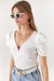 Women's Ecru V Detailed Princess Sleeve Cotton Blouse BLZ-19002296