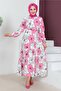 448 Big Flower Patterned Hijab Dress Pink - 3