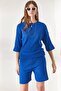 Women's Cobalt Blue Bottom Short Tights Top Loose Blouse Set TKM-19000200 - 5