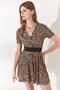 Women's Leopard Beige Double Breasted Collar Flared Dress ELB-19001846 - 2