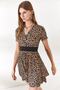 Women's Leopard Beige Double Breasted Collar Flared Dress ELB-19001846 - 4