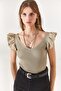 Women's Stone Front Back V Shoulder Ruffle Knitwear Blouse BLZ-19001097 - 2