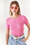 Women's Candy Pink Collar Openwork Knitwear Blouse BLZ-19002226 - 2