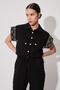 Women's Linen Textured Black Jumpsuit with Embroidery Detail - 4