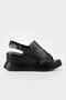 Women's Black Genuine Natural Leather Wedge Heeled Sandals