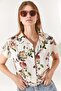Women's Ecru Floral Bat Viscose Shirt GML-19000613 - 4
