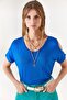 Women's Cobalt Blue V-neck Shoulder Low-cut Knitted Viscose Blouse BLZ-19002291 - 2