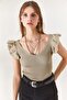Women's Stone Front Back V Shoulder Ruffle Knitwear Blouse BLZ-19001097 - 4