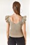Women's Stone Front Back V Shoulder Ruffle Knitwear Blouse BLZ-19001097 - 5