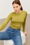 Women's Oil Green Crew Neck Half Turtle Crop Blouse - 4
