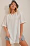 Women's White Crew Neck Double Sleeve Two Thread Side Slit Oversize T-Shirt ALC-X7871 - 2