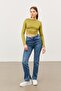 Women's Oil Green Crew Neck Half Turtle Crop Blouse - 5