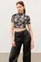 Women's Dragon Pattern Crew Neck Short Sleeve Crop Blouse - 2