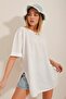 Women's White Crew Neck Double Sleeve Two Thread Side Slit Oversize T-Shirt ALC-X7871
