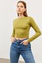 Women's Oil Green Crew Neck Half Turtle Crop Blouse