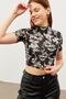 Women's Dragon Pattern Crew Neck Short Sleeve Crop Blouse