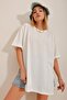 Women's White Crew Neck Double Sleeve Two Thread Side Slit Oversize T-Shirt ALC-X7871 - 5