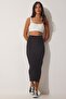 Women's Black Slim Striped Slit Knitted Pencil Skirt MC00183 - 2
